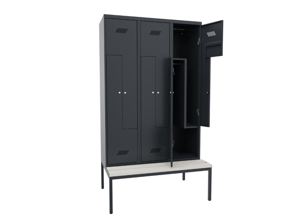 Produktbild Z-Garderobenschrank mit Sitzbank, 2150x1200x500/800 mm, 3 Abteile, RAL 7016 bild 2