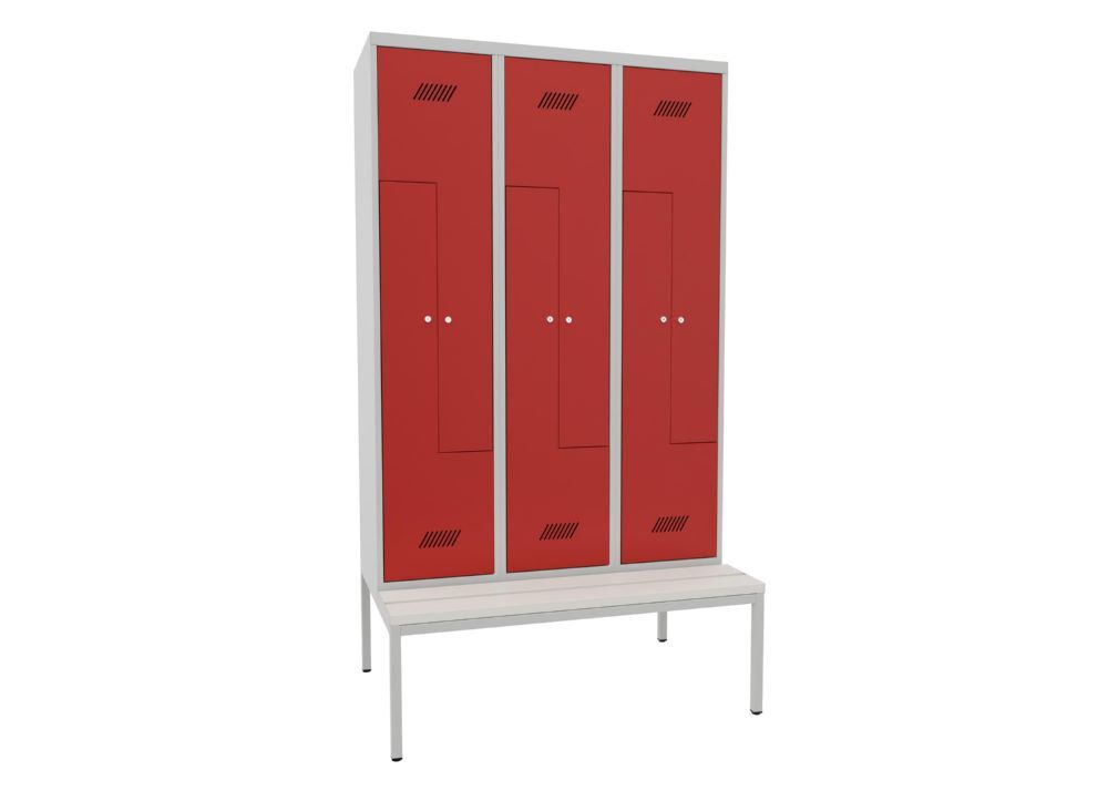 Produktbild PAVOY Z-Garderobenschrank mit Sitzbank 2150x1200x500/800 mm 3 Abteile RAL 7035/3000