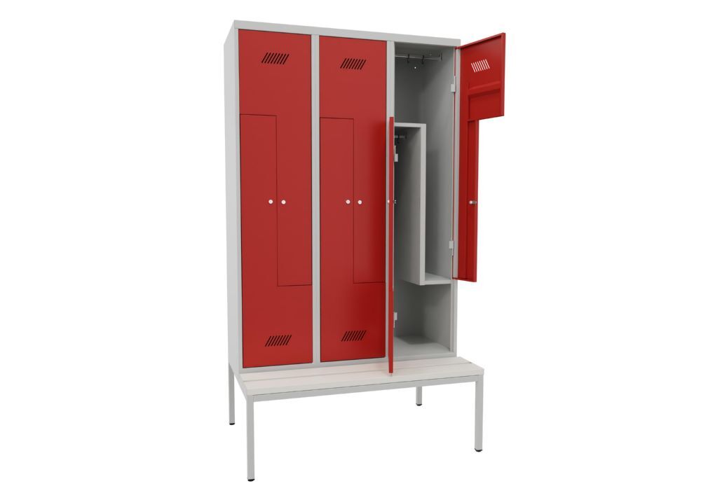 Produktbild Z-Garderobenschrank mit Sitzbank, 2150x1200x500/800 mm, 3 Abteile, RAL 7035/3000 bild 2