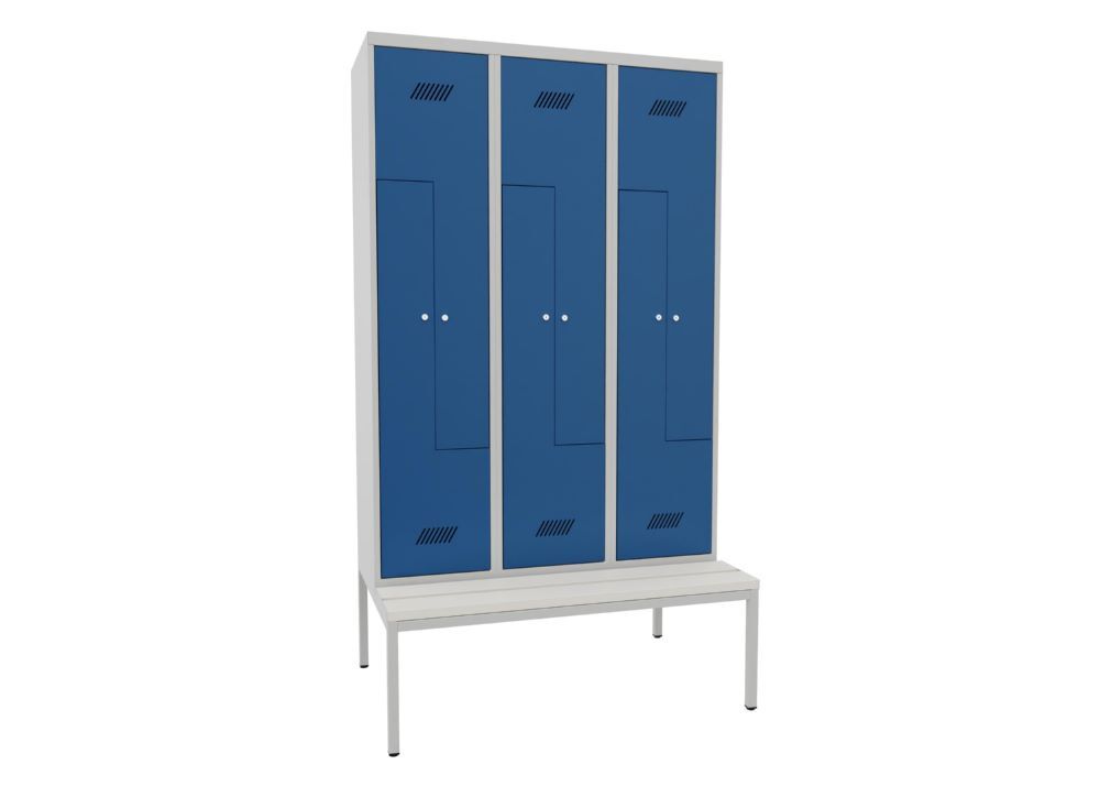 Produktbild PAVOY Z-Garderobenschrank mit Sitzbank 2150x1200x500/800 mm 3 Abteile RAL 7035/5010