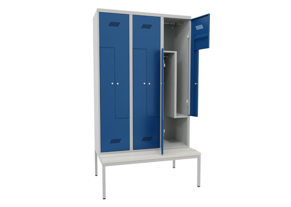 Produktbild Z-Garderobenschrank mit Sitzbank, 2150x1200x500/800 mm, 3 Abteile, RAL 7035/5010 bild 2