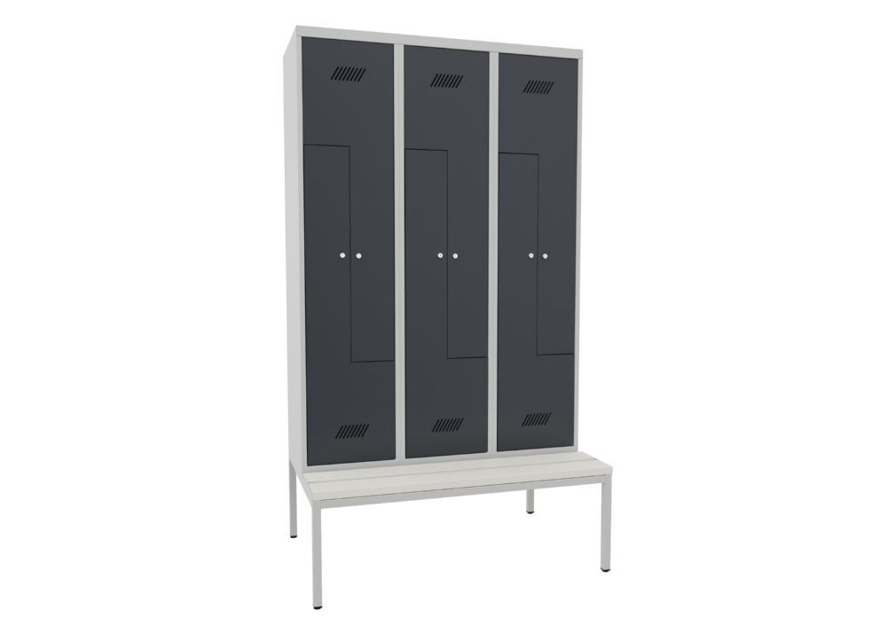 Produktbild PAVOY Z-Garderobenschrank mit Sitzbank 2150x1200x500/800 mm 3 Abteile RAL 7035/7016