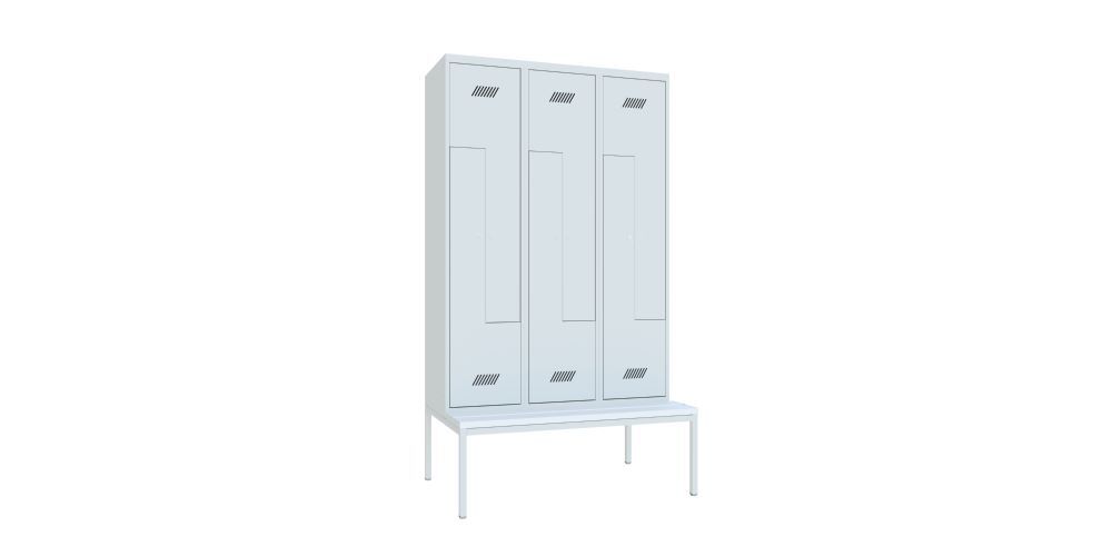 Produktbild PAVOY Z-Garderobenschrank mit Sitzbank 2150x1200x500/800 mm 3 Abteile RAL 7035