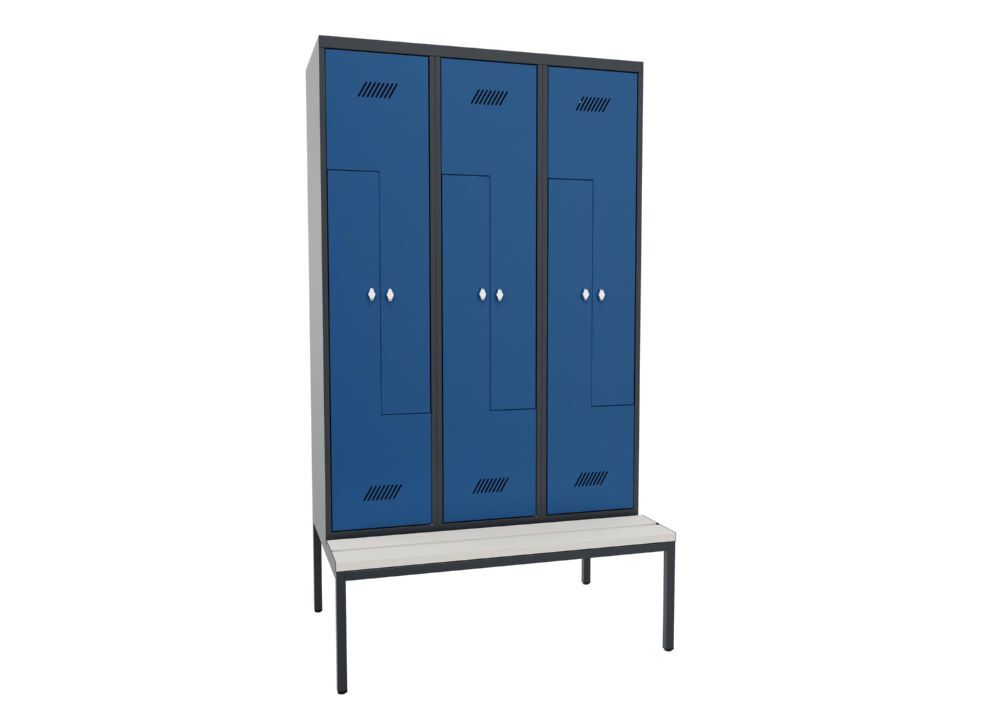 Produktbild PAVOY Z-Garderobenschrank mit Sitzbank 2150x1200x500/800 mm 3 Abteile RAL 7016/5010