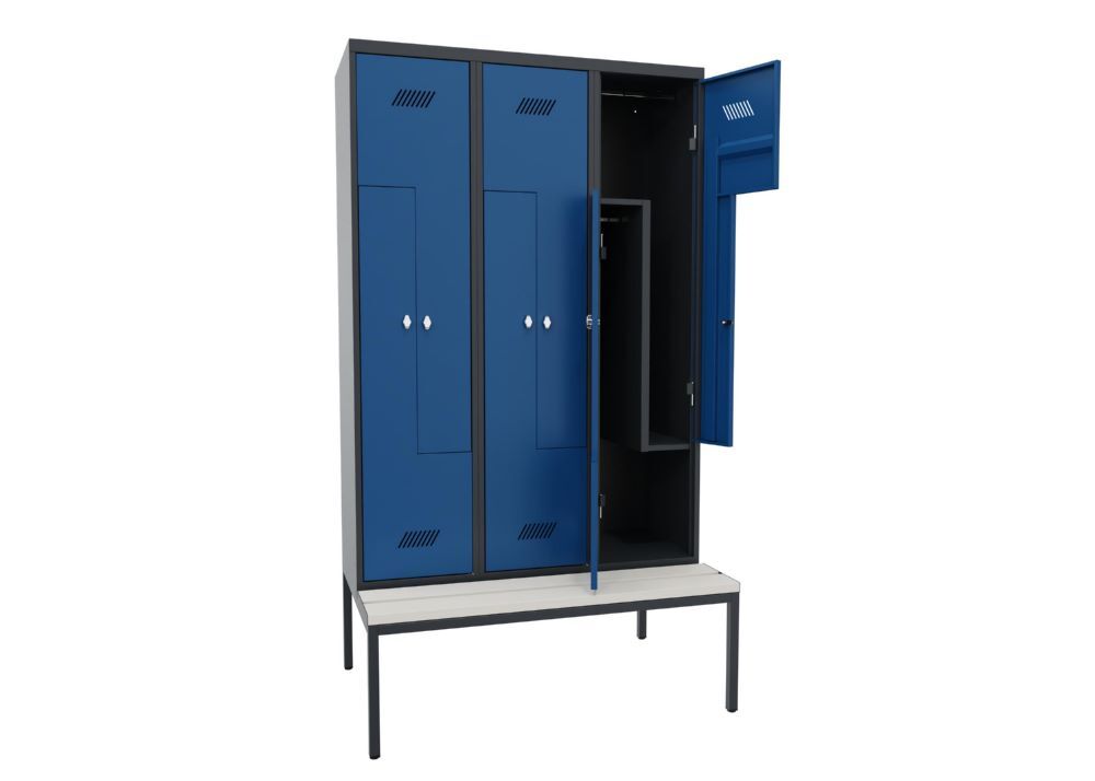 Produktbild Z-Garderobenschrank mit Sitzbank, 2150x1200x500/800 mm, 3 Abteile, RAL 7016/5010 bild 2