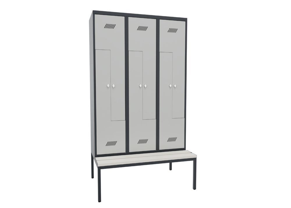 Produktbild PAVOY Z-Garderobenschrank mit Sitzbank 2150x1200x500/800 mm 3 Abteile RAL 7016/7035