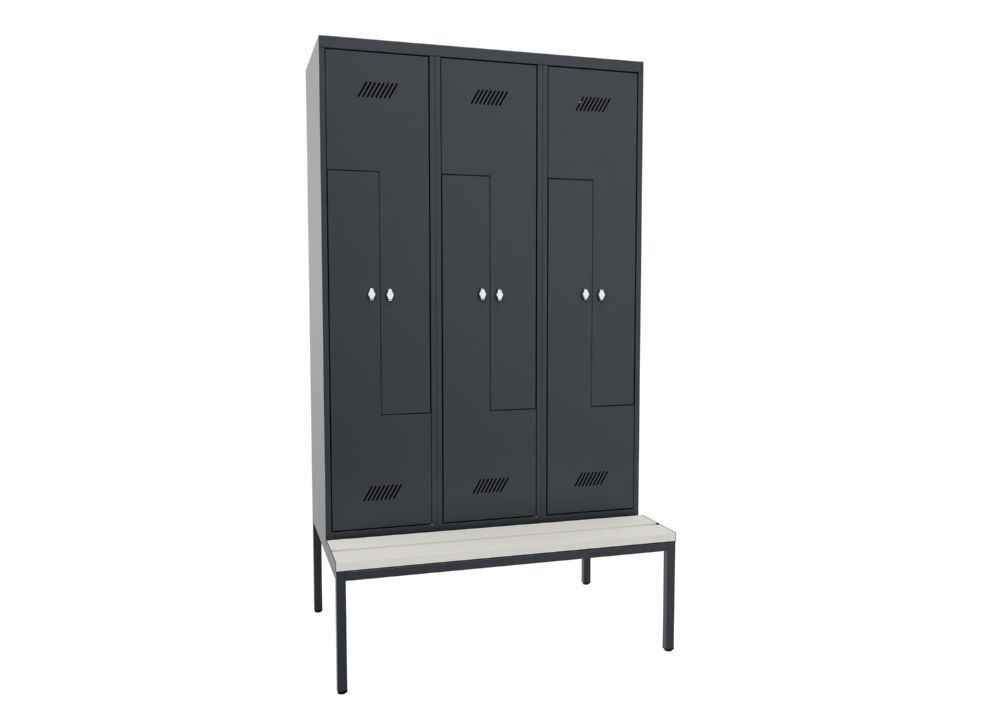 Produktbild PAVOY Z-Garderobenschrank mit Sitzbank 2150x1200x500/800 mm 3 Abteile RAL 7016