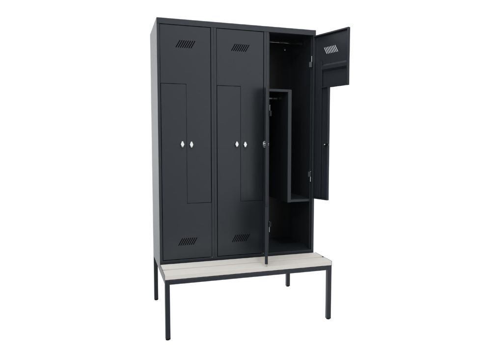 Produktbild Z-Garderobenschrank mit Sitzbank, 2150x1200x500/800 mm, 3 Abteile, RAL 7016 bild 2