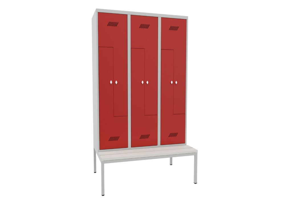 Produktbild PAVOY Z-Garderobenschrank mit Sitzbank 2150x1200x500/800 mm 3 Abteile RAL 7035/3000