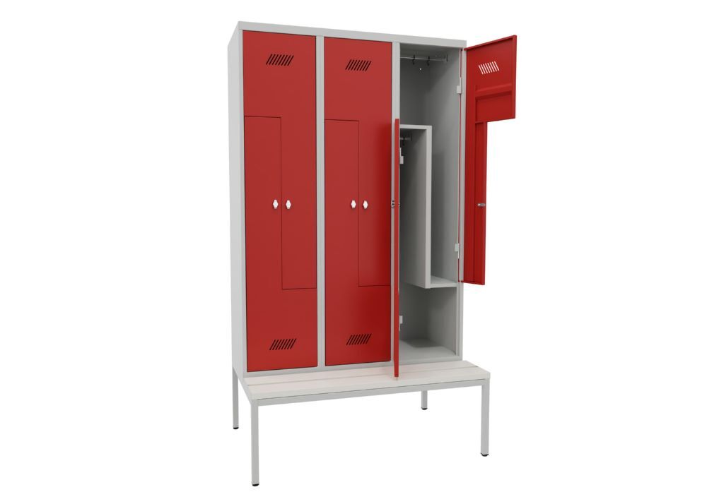 Produktbild Z-Garderobenschrank mit Sitzbank, 2150x1200x500/800 mm, 3 Abteile, RAL 7035/3000 bild 2