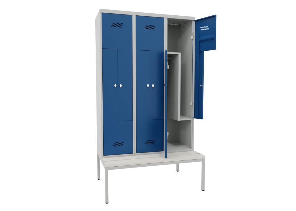 Produktbild Z-Garderobenschrank mit Sitzbank, 2150x1200x500/800 mm, 3 Abteile, RAL 7035/5010 bild 2