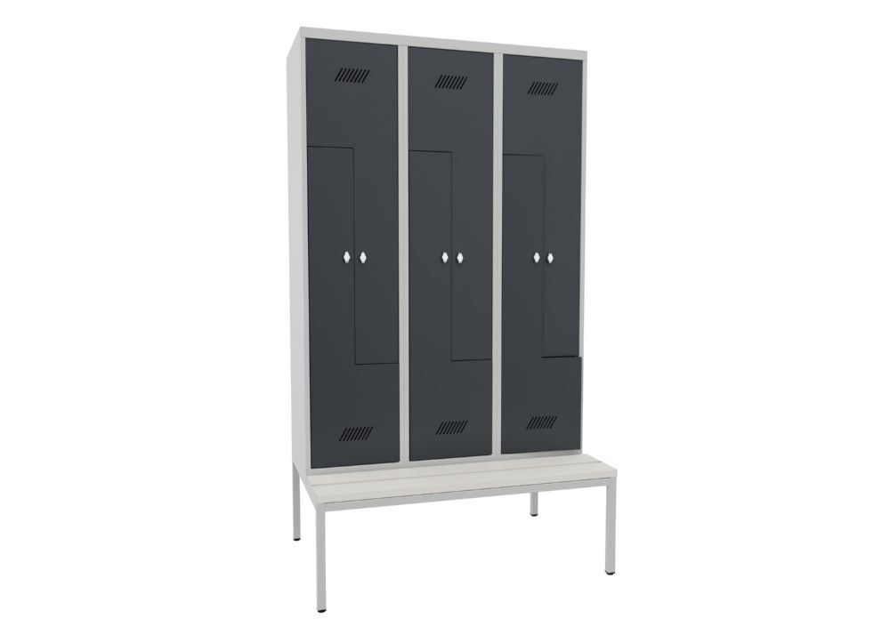 Produktbild PAVOY Z-Garderobenschrank mit Sitzbank 2150x1200x500/800 mm 3 Abteile RAL 7035/7016