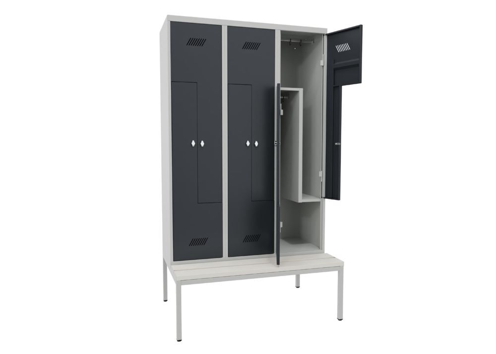 Produktbild Z-Garderobenschrank mit Sitzbank, 2150x1200x500/800 mm, 3 Abteile, RAL 7035/7016 bild 2