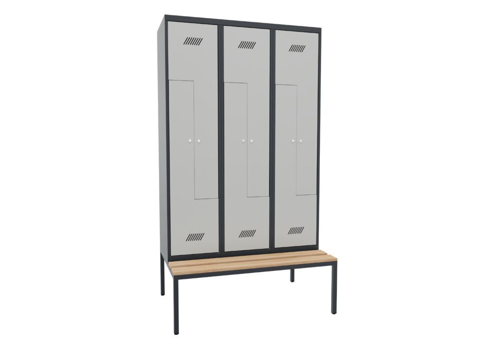 Produktbild PAVOY Z-Garderobenschrank mit Sitzbank 2150x1200x500/800 mm 3 Abteile RAL 7016/7035