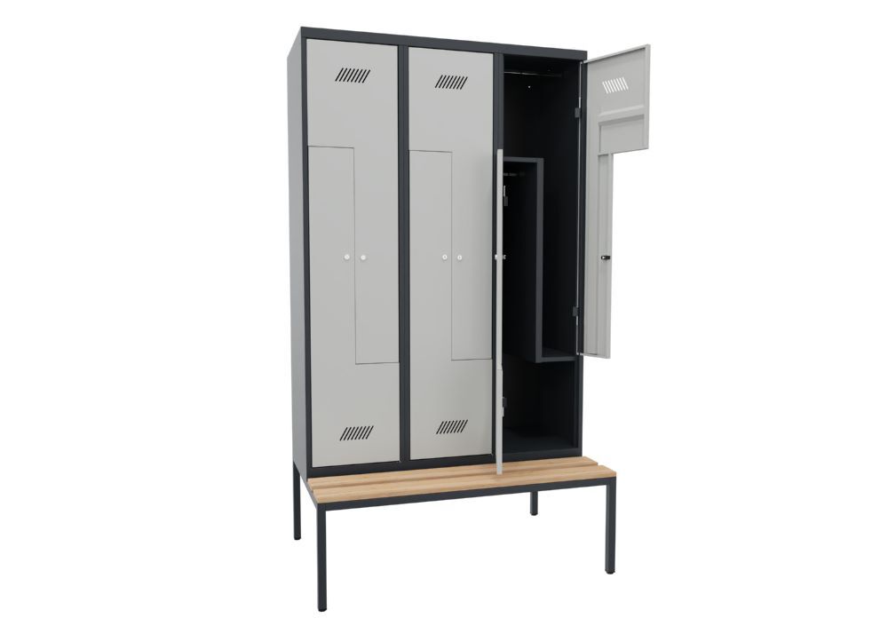 Produktbild Z-Garderobenschrank mit Sitzbank, 2150x1200x500/800 mm, 3 Abteile, RAL 7016/7035 bild 2
