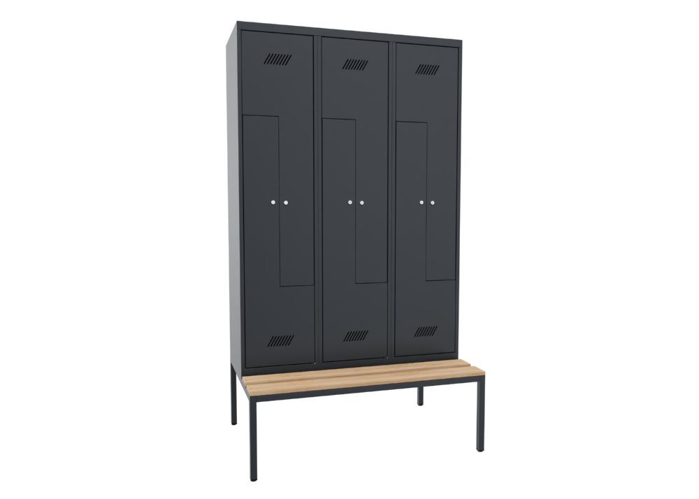 Produktbild PAVOY Z-Garderobenschrank mit Sitzbank 2150x1200x500/800 mm 3 Abteile RAL 7016