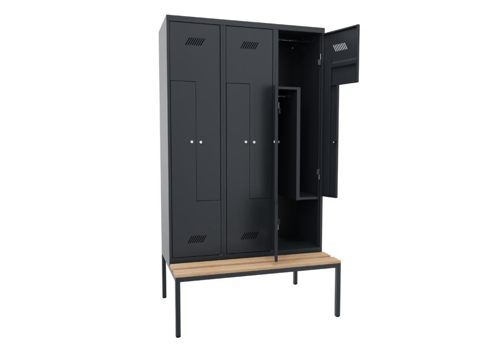 Produktbild Z-Garderobenschrank mit Sitzbank, 2150x1200x500/800 mm, 3 Abteile, RAL 7016 bild 2