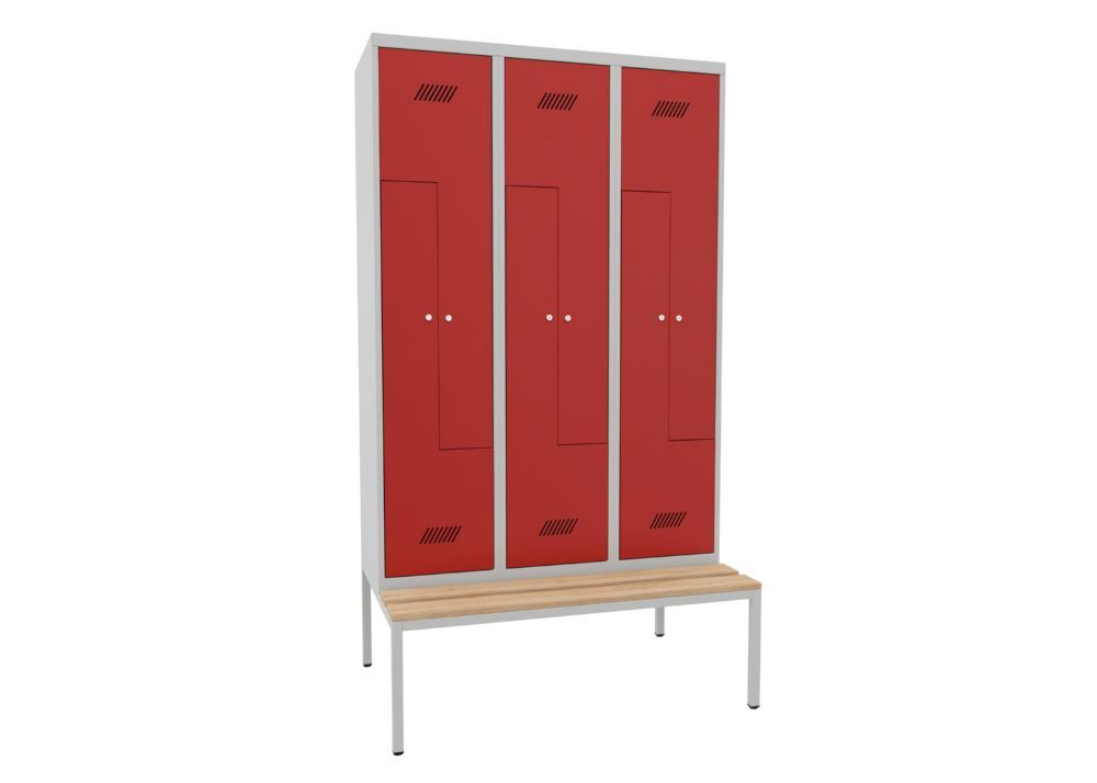 Produktbild PAVOY Z-Garderobenschrank mit Sitzbank 2150x1200x500/800 mm 3 Abteile RAL 7035/3000