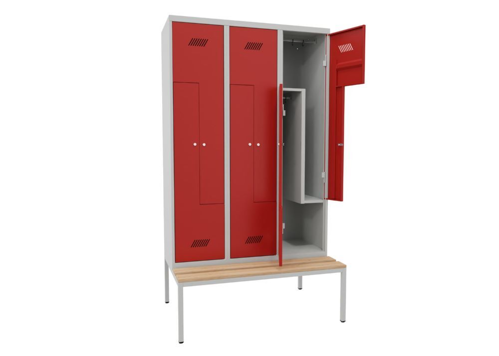 Produktbild Z-Garderobenschrank mit Sitzbank, 2150x1200x500/800 mm, 3 Abteile, RAL 7035/3000 bild 2