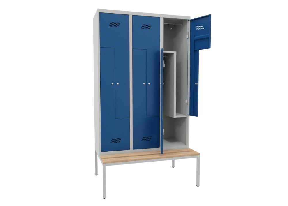 Produktbild Z-Garderobenschrank mit Sitzbank, 2150x1200x500/800 mm, 3 Abteile, RAL 7035/5010 bild 2
