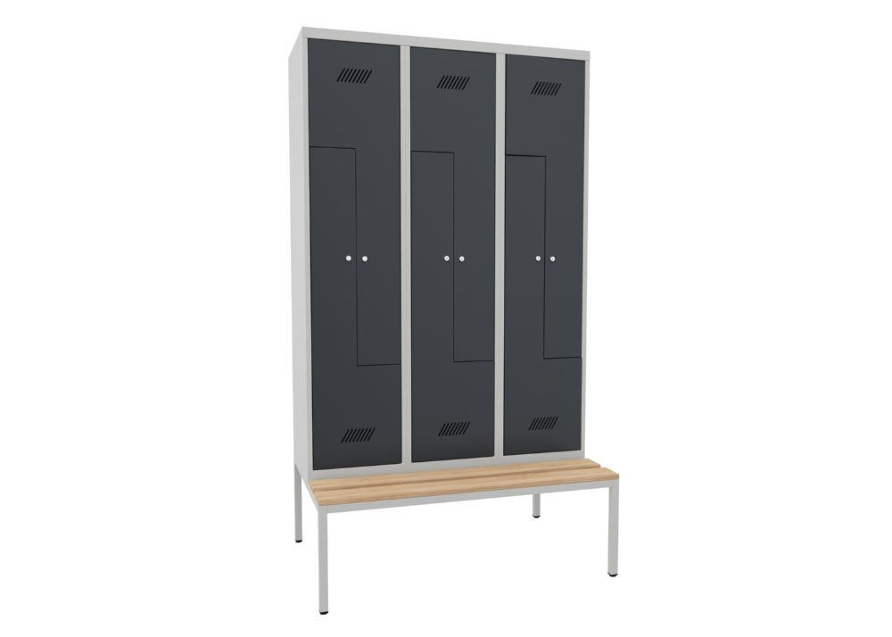 Produktbild PAVOY Z-Garderobenschrank mit Sitzbank 2150x1200x500/800 mm 3 Abteile RAL 7035/7016