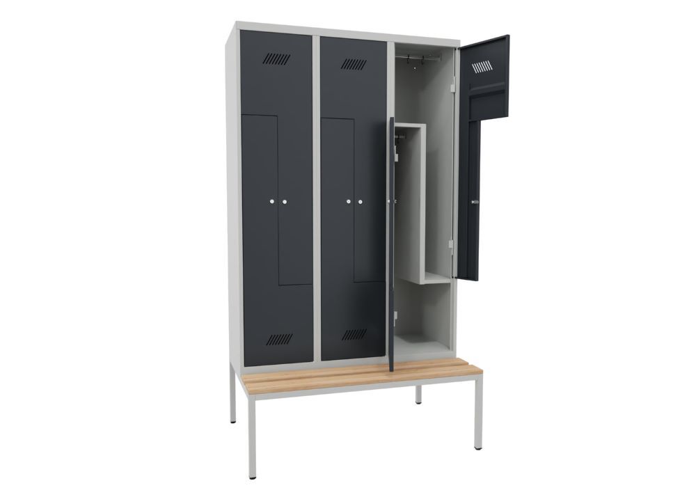 Produktbild Z-Garderobenschrank mit Sitzbank, 2150x1200x500/800 mm, 3 Abteile, RAL 7035/7016 bild 2