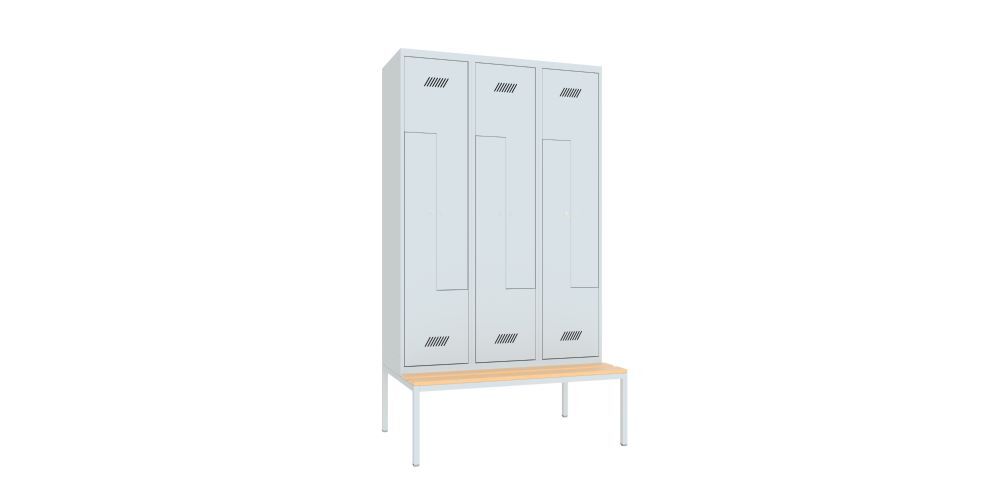 Produktbild PAVOY Z-Garderobenschrank mit Sitzbank 2150x1200x500/800 mm 3 Abteile RAL 7035