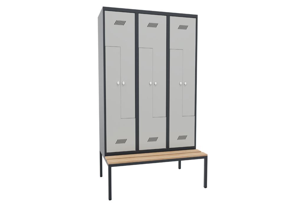 Produktbild PAVOY Z-Garderobenschrank mit Sitzbank 2150x1200x500/800 mm 3 Abteile RAL 7016/7035