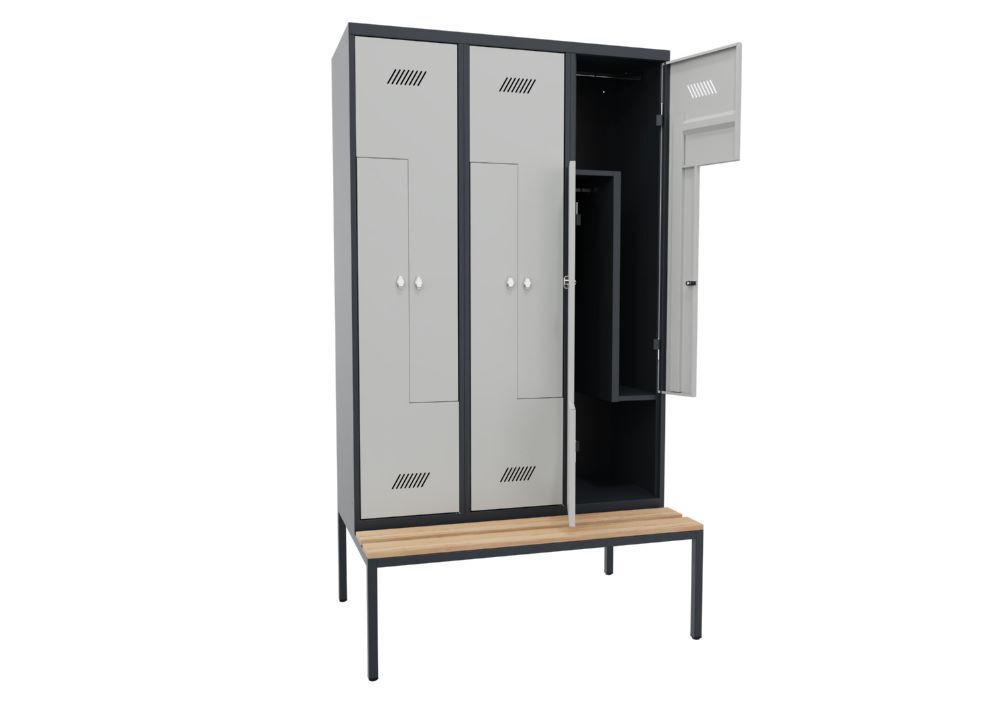 Produktbild Z-Garderobenschrank mit Sitzbank, 2150x1200x500/800 mm, 3 Abteile,RAL 7016/7035 bild 2