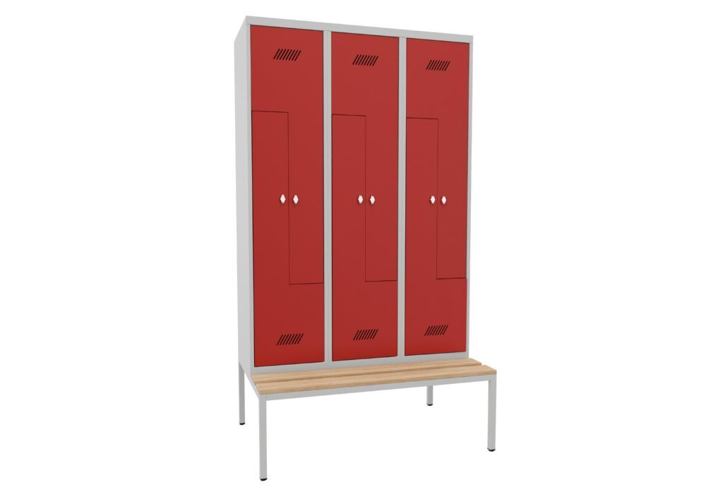Produktbild PAVOY Z-Garderobenschrank mit Sitzbank 2150x1200x500/800 mm 3 Abteile RAL 7035/3000