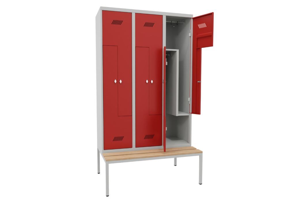 Produktbild Z-Garderobenschrank mit Sitzbank, 2150x1200x500/800 mm, 3 Abteile, RAL 7035/3000 bild 2