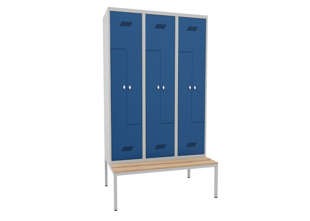 Produktbild PAVOY Z-Garderobenschrank mit Sitzbank 2150x1200x500/800 mm 3 Abteile RAL 7035/5010