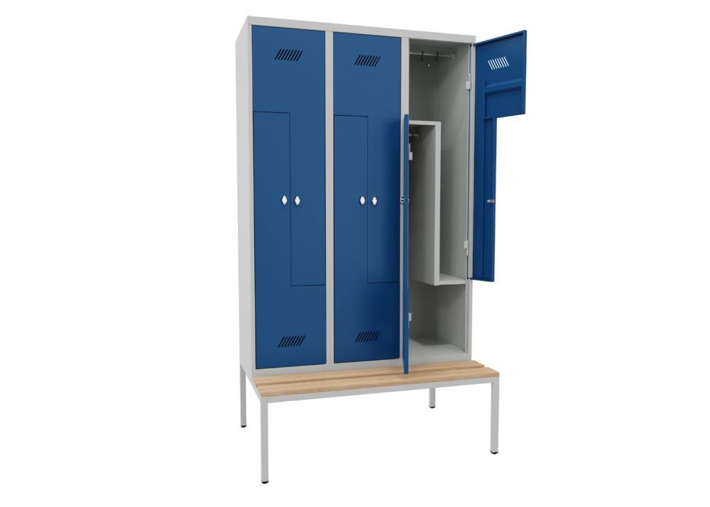 Produktbild Z-Garderobenschrank mit Sitzbank, 2150x1200x500/800 mm, 3 Abteile, RAL 7035/5010 bild 2