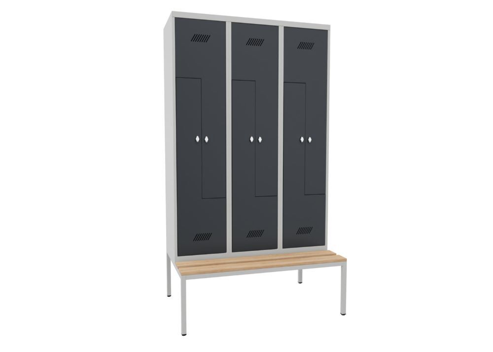 Produktbild PAVOY Z-Garderobenschrank mit Sitzbank 2150x1200x500/800 mm 3 Abteile RAL 7035/7016