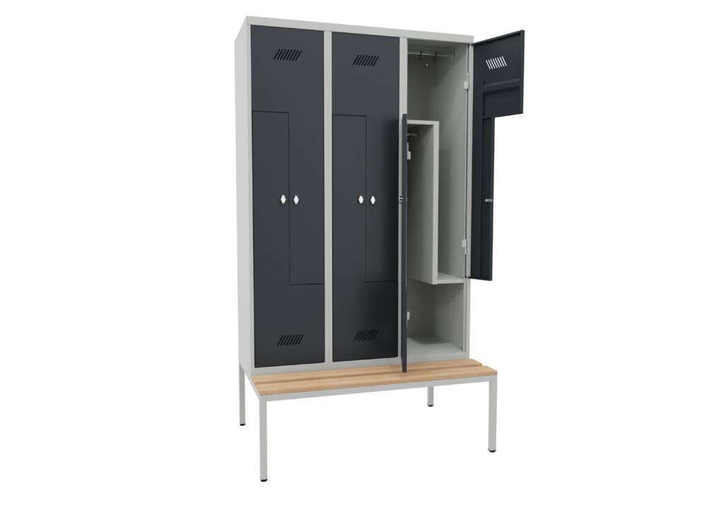 Produktbild Z-Garderobenschrank mit Sitzbank, 2150x1200x500/800 mm, 3 Abteile, RAL 7035/7016 bild 2