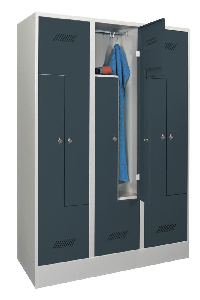 Produktbild PAVOY Z-Garderobenschrank mit Sockel 1850x1200x500 mm 3 Abteile RAL 7035/7016