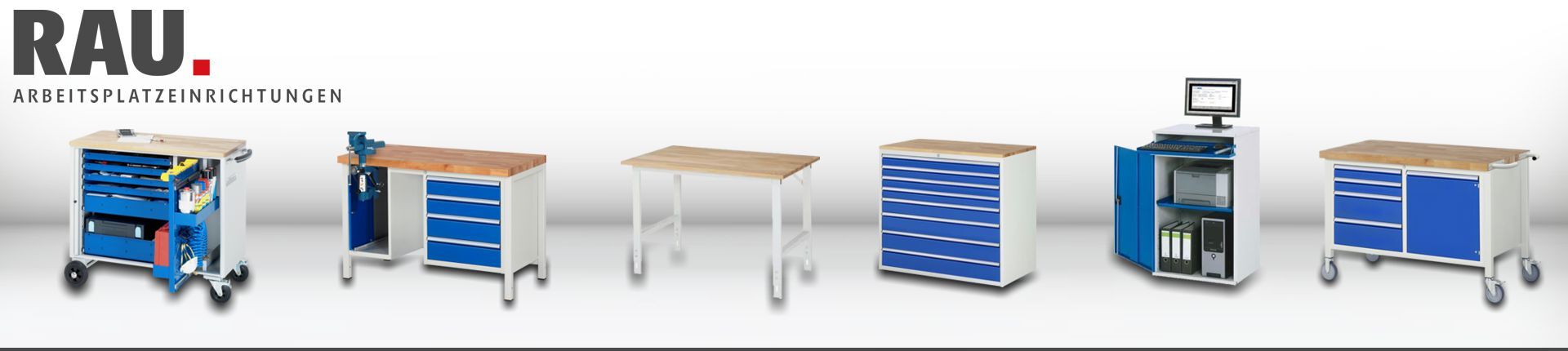 Diverse Produkte aus dem Sortiment der Firma Rau GmbH nebeneinander vor grauem Hintergrund