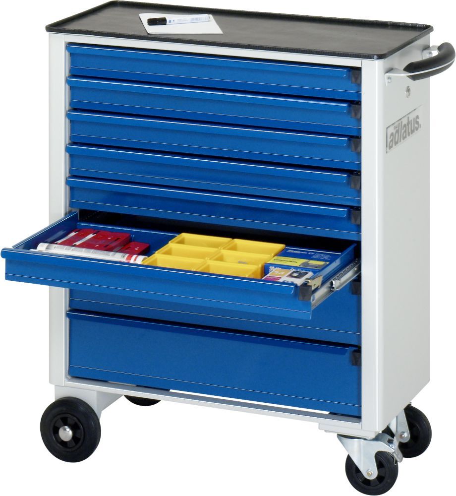 RAU Werkzeugwagen adlatus B700 x T350 mm, Gestell RAL7035, Ausstatung RAL5010 RAU Werkzeugwagen adlatus B700 x T350 mm, Gestell RAL7035, Ausstatung RAL5010