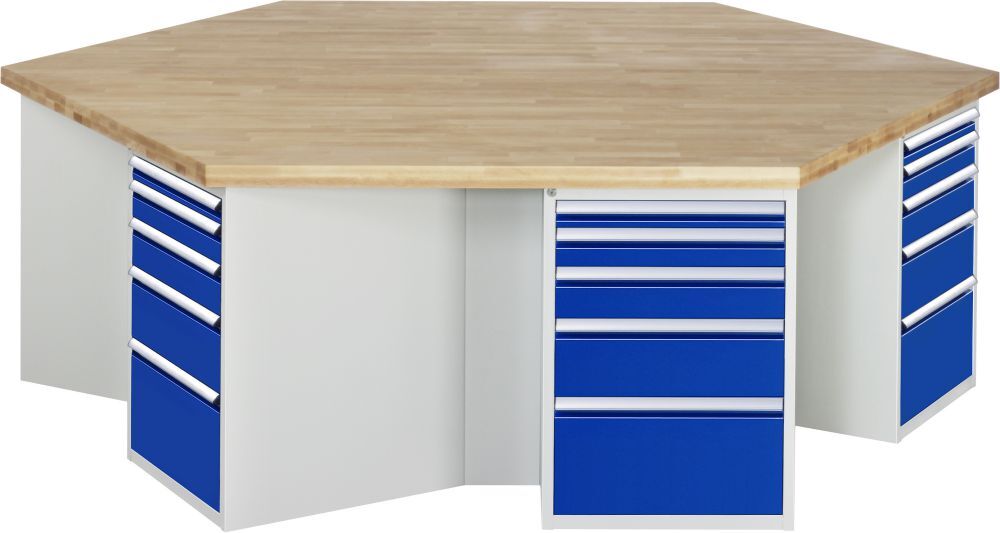 RAU Werkbank Modell 4099 B2700 x T2340 x H840 mm Gestell RAL7035 Ausstatung RAL5010 Produktbild RAU Werkbank Modell 4099 B2700 x T2340 x H840 mm Gestell RAL7035 Ausstatung RAL5010