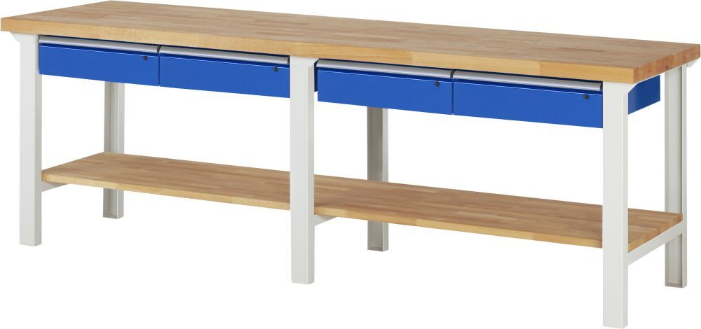 RAU Werkbank Modell 7002 B2500 x T700 x H840 mm, Gestell RAL7035, Ausstatung RAL5010 Produktbild RAU Werkbank Modell 7002 B2500 x T700 x H840 mm, Gestell RAL7035, Ausstatung RAL5010