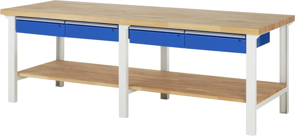 RAU Werkbank Modell 7002 B2500 x T900 x H840 mm, Gestell RAL7035, Ausstatung RAL5010 Produktbild RAU Werkbank Modell 7002 B2500 x T900 x H840 mm, Gestell RAL7035, Ausstatung RAL5010