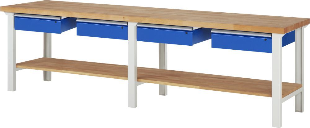 RAU Werkbank Modell 7002 B3000 x T700 x H840 mm, Gestell RAL7035, Ausstatung RAL5010 Produktbild RAU Werkbank Modell 7002 B3000 x T700 x H840 mm, Gestell RAL7035, Ausstatung RAL5010