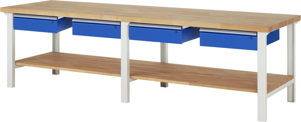 RAU Werkbank Modell 7002 B3000 x T900 x H840 mm, Gestell RAL7035, Ausstatung RAL5010 Produktbild RAU Werkbank Modell 7002 B3000 x T900 x H840 mm, Gestell RAL7035, Ausstatung RAL5010