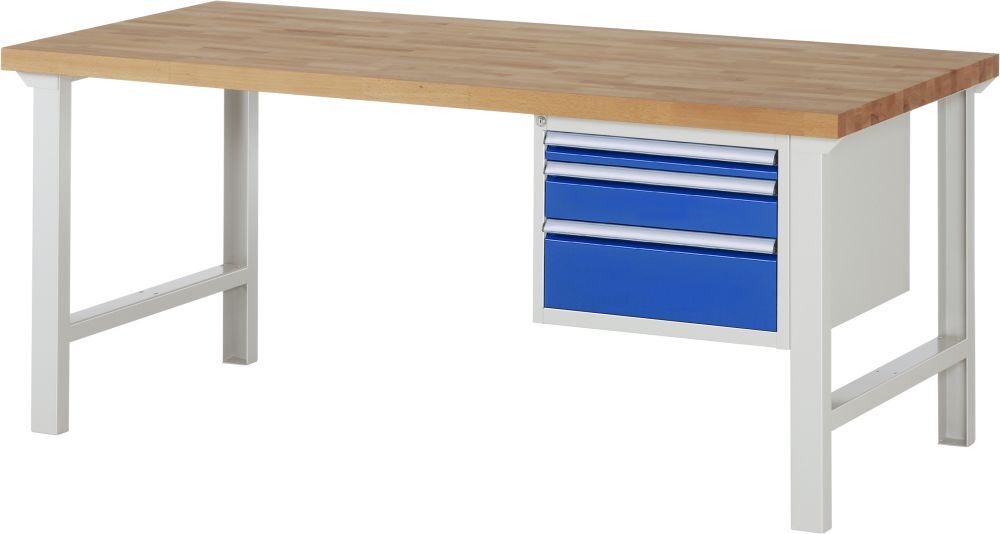 RAU Werkbank Modell 7126 B2000 x T900 x H840 mm, Gestell RAL7035, Ausstatung RAL5010 Produktbild RAU Werkbank Modell 7126 B2000 x T900 x H840 mm, Gestell RAL7035, Ausstatung RAL5010