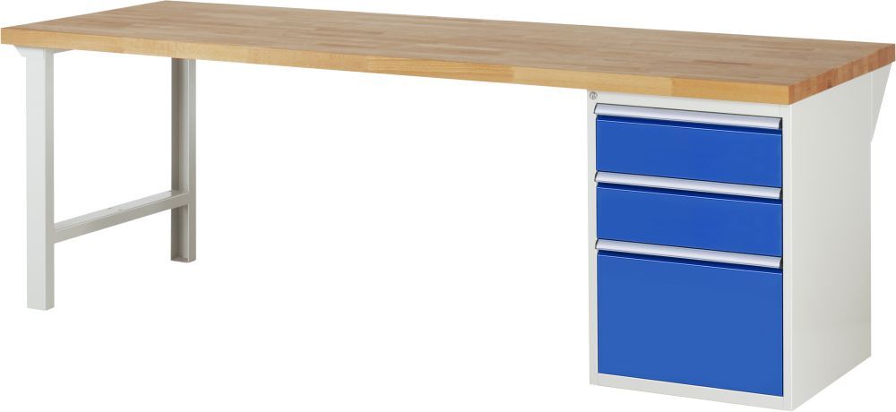 RAU Werkbank Modell 7507 B2500 x T900 x H840 mm, Gestell RAL7035, Ausstatung RAL5010 Produktbild RAU Werkbank Modell 7507 B2500 x T900 x H840 mm, Gestell RAL7035, Ausstatung RAL5010