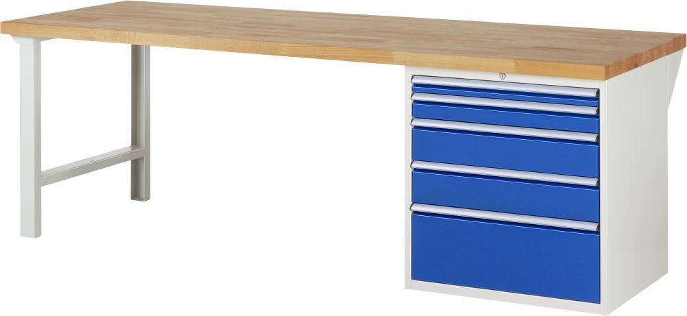 RAU Werkbank Modell 7611 B2500 x T900 x H840 mm, Gestell RAL7035, Ausstatung RAL5010 Produktbild RAU Werkbank Modell 7611 B2500 x T900 x H840 mm, Gestell RAL7035, Ausstatung RAL5010