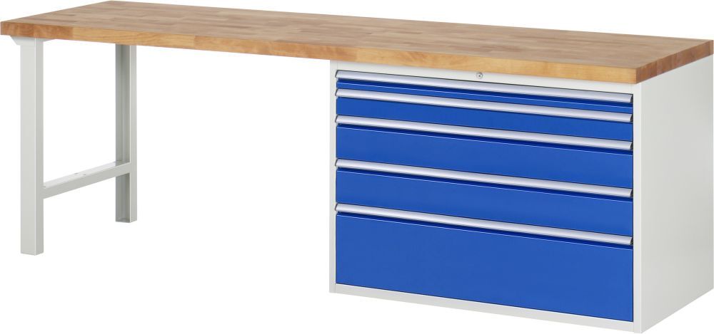 RAU Werkbank Modell 7711 B2500 x T700 x H840 mm, Gestell RAL7035, Ausstatung RAL5010 Produktbild RAU Werkbank Modell 7711 B2500 x T700 x H840 mm, Gestell RAL7035, Ausstatung RAL5010