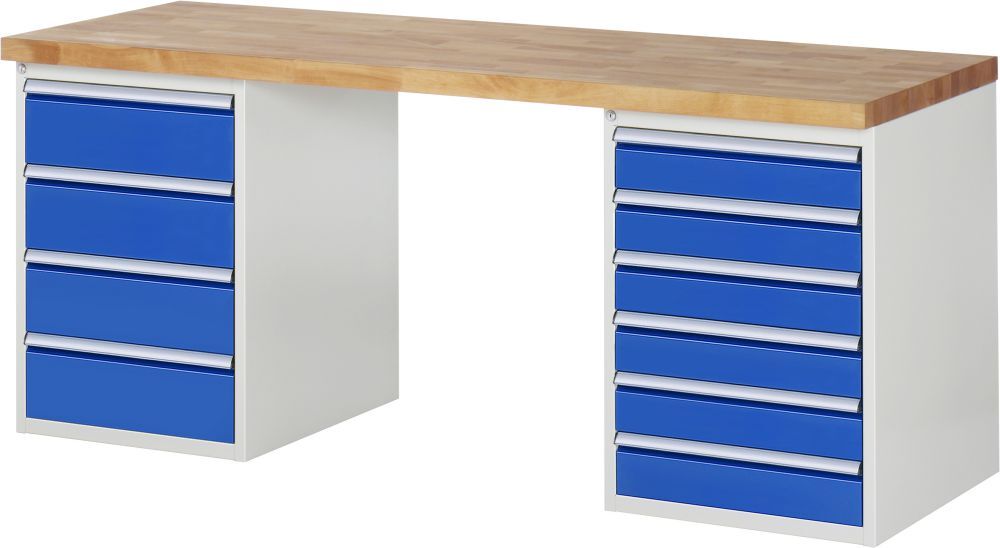 RAU Werkbank Modell 7820 B3000 x T700 x H840 mm, Gestell RAL7035, Ausstatung RAL5010 Produktbild RAU Werkbank Modell 7820 B3000 x T700 x H840 mm, Gestell RAL7035, Ausstatung RAL5010