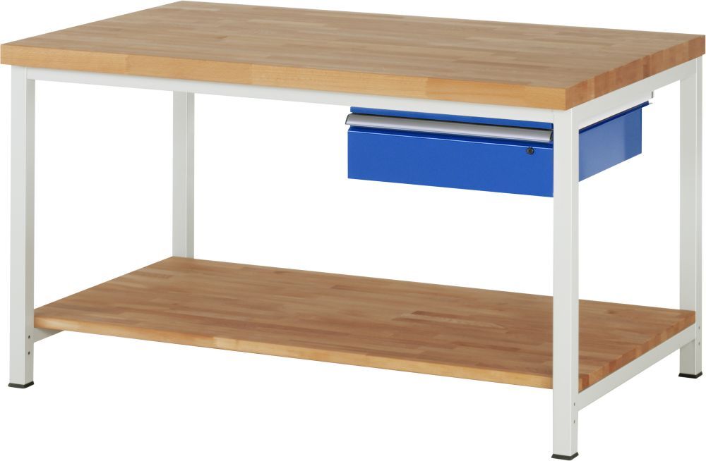 RAU Werkbank Modell 8001 B1500 x T900 x H840 mm, Gestell RAL7035, Ausstatung RAL5010 Produktbild RAU Werkbank Modell 8001 B1500 x T900 x H840 mm, Gestell RAL7035, Ausstatung RAL5010