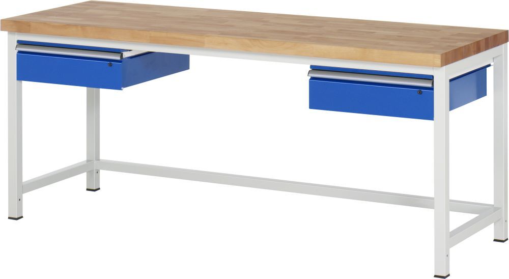 RAU Werkbank Modell 8002 B2000 x T700 x H840 mm, Gestell RAL7035, Ausstatung RAL5010 Produktbild RAU Werkbank Modell 8002 B2000 x T700 x H840 mm, Gestell RAL7035, Ausstatung RAL5010